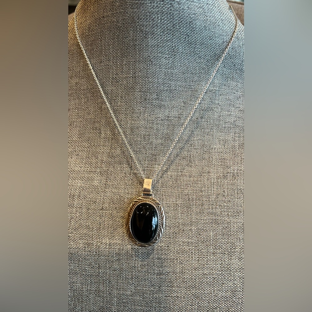 Native American Navajo Black Onyx Necklace Spence Pendant Hopi Zuni 1.75” x 1”